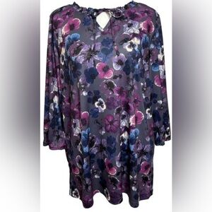 Vintage L Sara Morgan Purple Floral Tie Neck 3/4 Sleeve Top